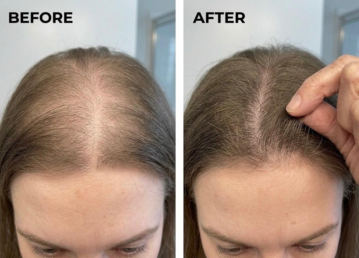 Before and after comparison of hair thickness on a person's head.