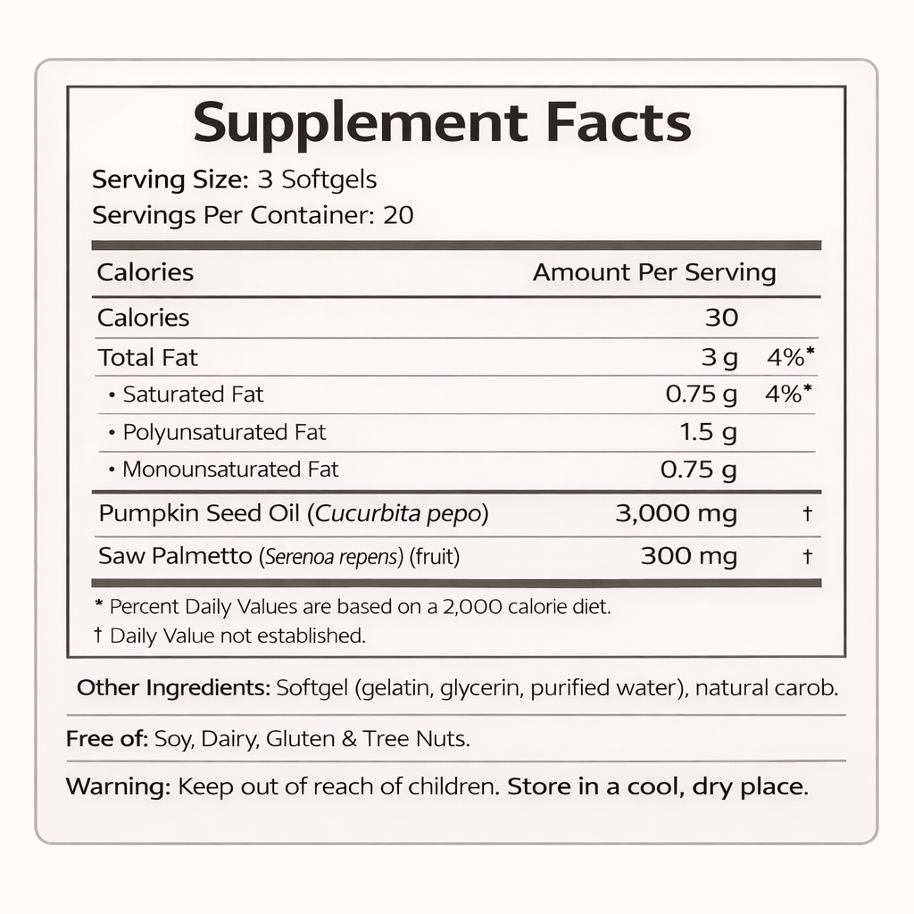 Supplement facts label for a product with pumpkin seed oil and saw palmetto.