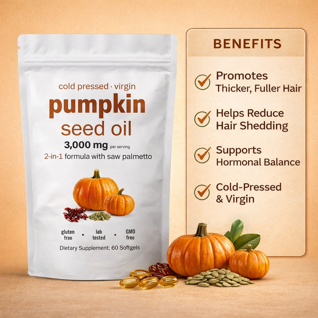 Pumpkin seed oil package with benefits listed on a beige background