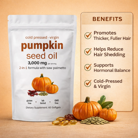 Pumpkin seed oil package with benefits listed on a beige background